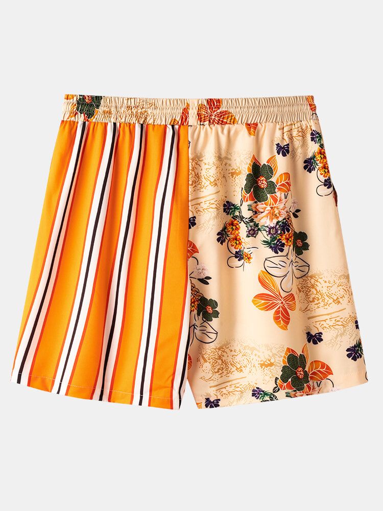 Pantalones Cortos Cómodos De Causla Con Cordón Y Estampado Floral A Rayas Para Hombre