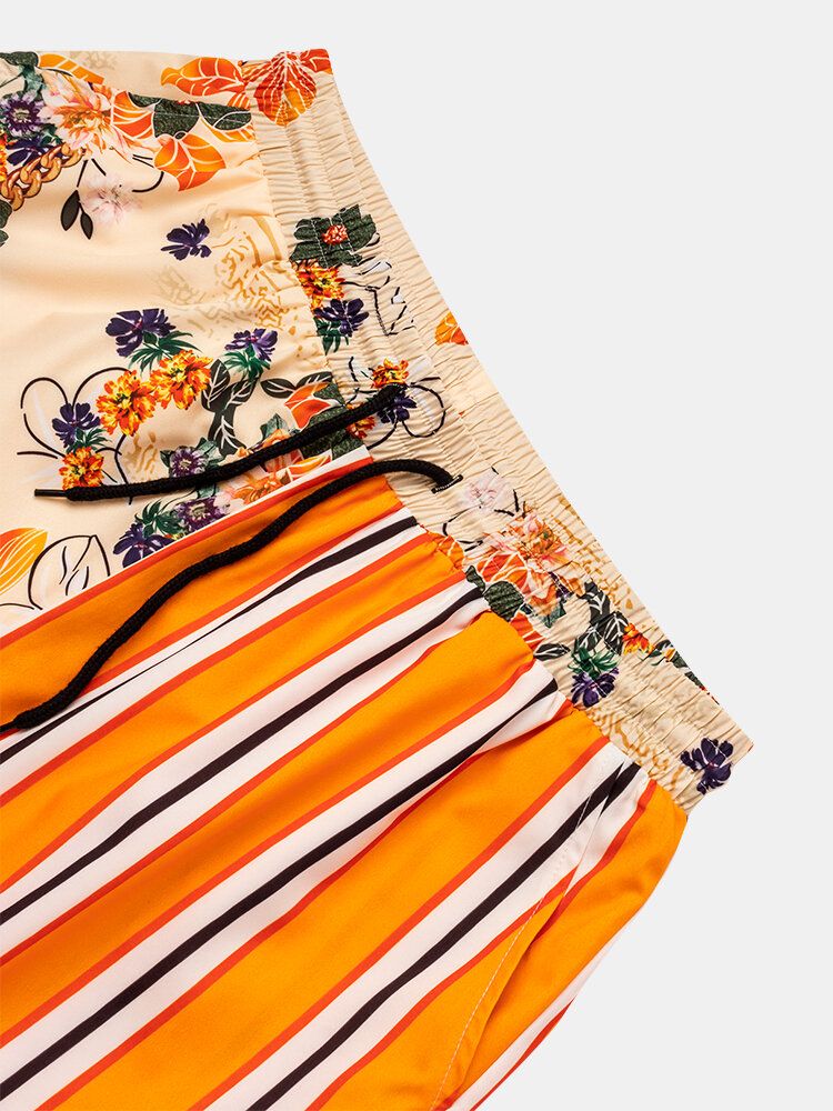 Pantalones Cortos Cómodos De Causla Con Cordón Y Estampado Floral A Rayas Para Hombre