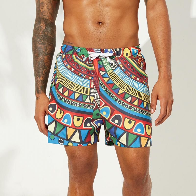 Pantalones Cortos Con Estampado De Estilo Étnico Divertido Para Hombre Pantalones Cortos Informales De Playa Con Forro De Malla Fina Hasta La Rodilla