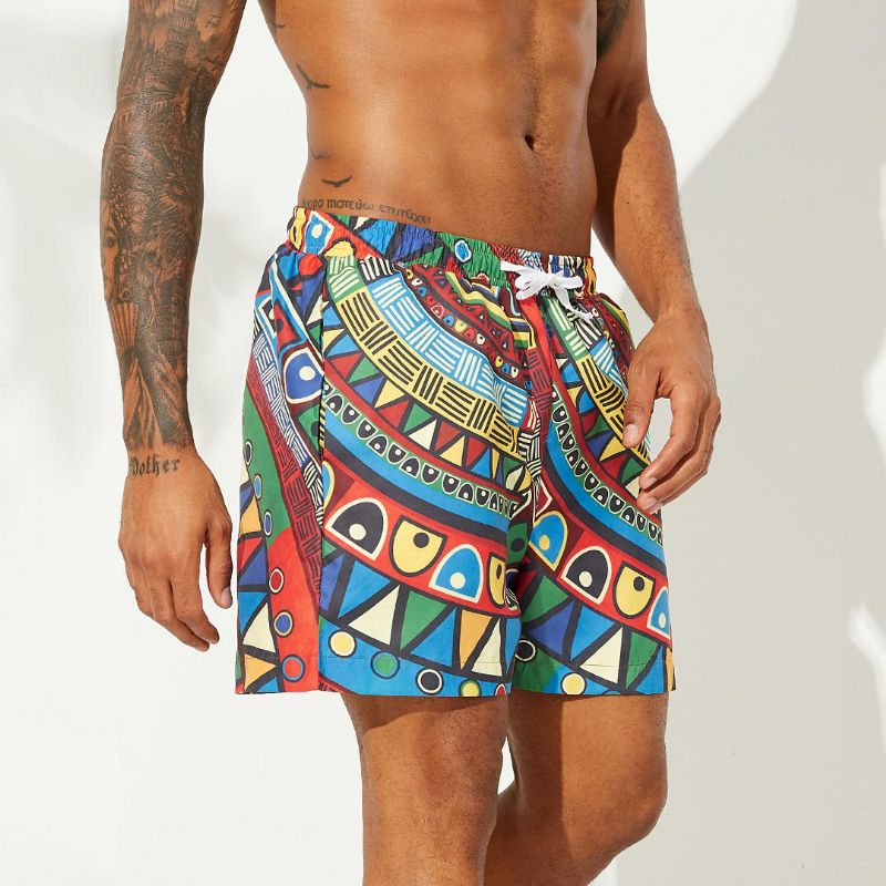 Pantalones Cortos Con Estampado De Estilo Étnico Divertido Para Hombre Pantalones Cortos Informales De Playa Con Forro De Malla Fina Hasta La Rodilla