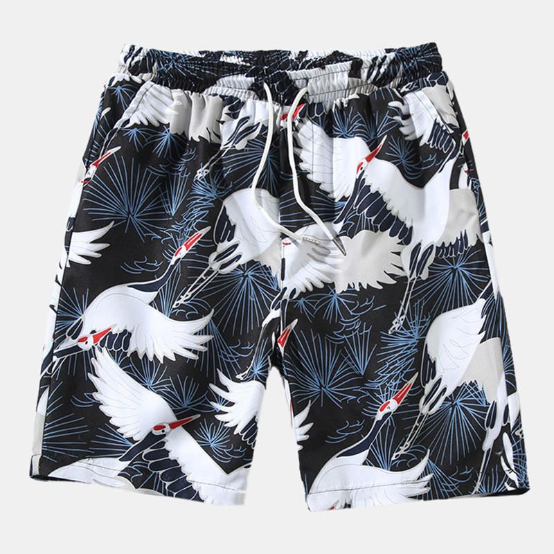 Pantalones Cortos Hawaianos De Playa Con Cordón Y Estampado De Grúa Para Hombre