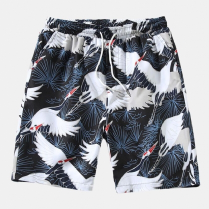 Pantalones Cortos Hawaianos De Playa Con Cordón Y Estampado De Grúa Para Hombre