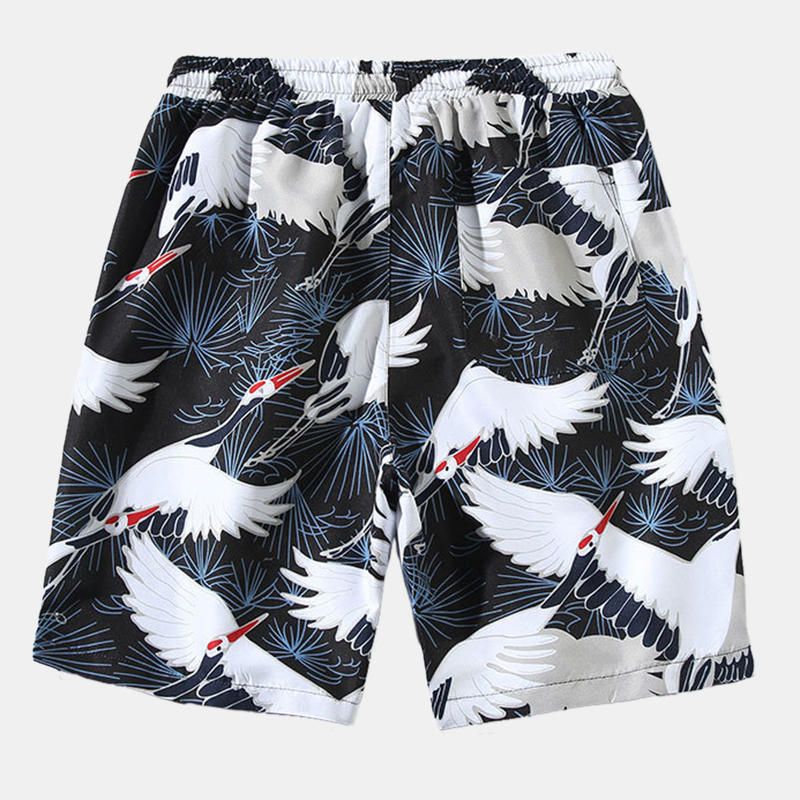 Pantalones Cortos Hawaianos De Playa Con Cordón Y Estampado De Grúa Para Hombre