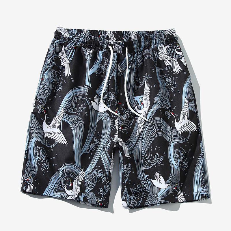 Pantalones Cortos Hawaianos De Playa Con Cordón Y Estampado De Grúa Para Hombre