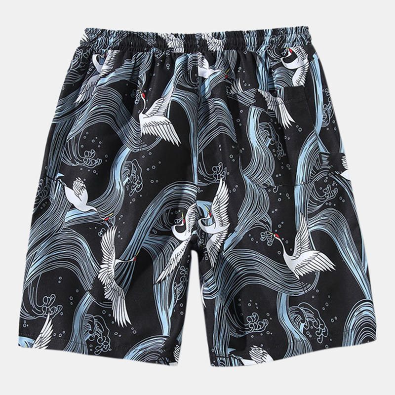 Pantalones Cortos Hawaianos De Playa Con Cordón Y Estampado De Grúa Para Hombre