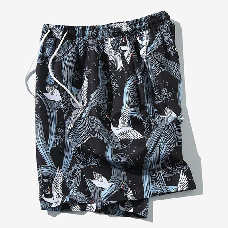 Pantalones Cortos Hawaianos De Playa Con Cordón Y Estampado De Grúa Para Hombre