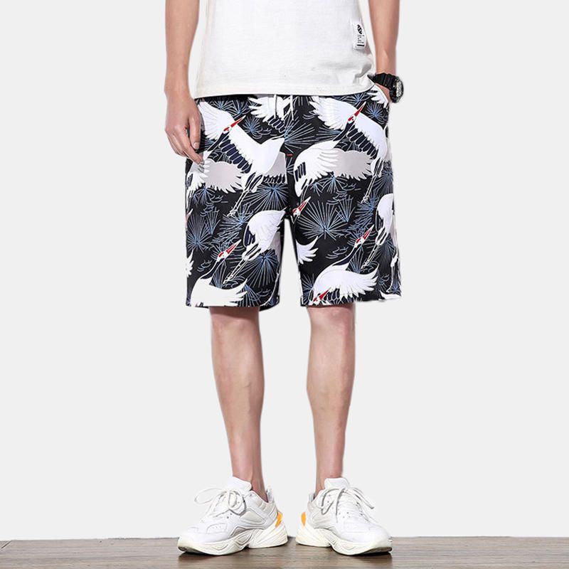 Pantalones Cortos Hawaianos De Playa Con Cordón Y Estampado De Grúa Para Hombre