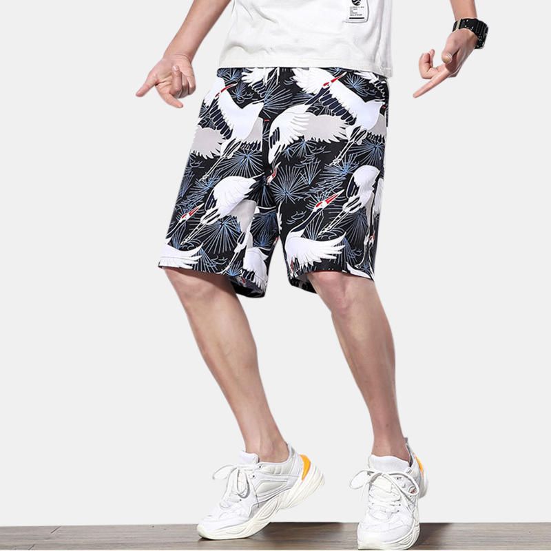 Pantalones Cortos Hawaianos De Playa Con Cordón Y Estampado De Grúa Para Hombre