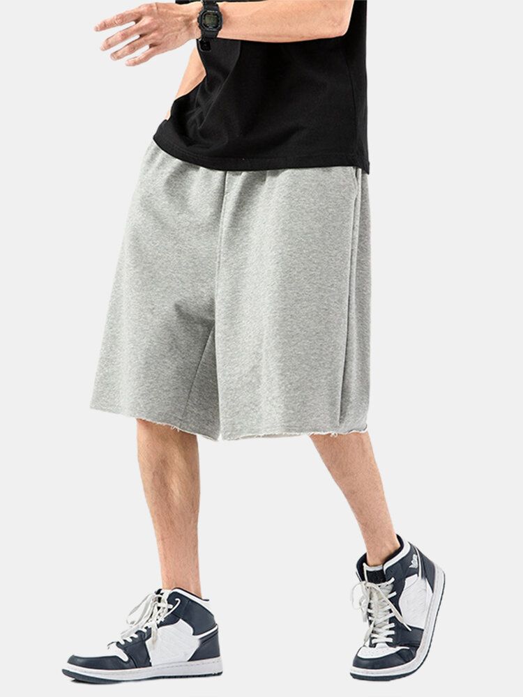 Pantalones Cortos Holgados De Algodón Con Bolsillo De Color Sólido Con Cordón Para Hombre