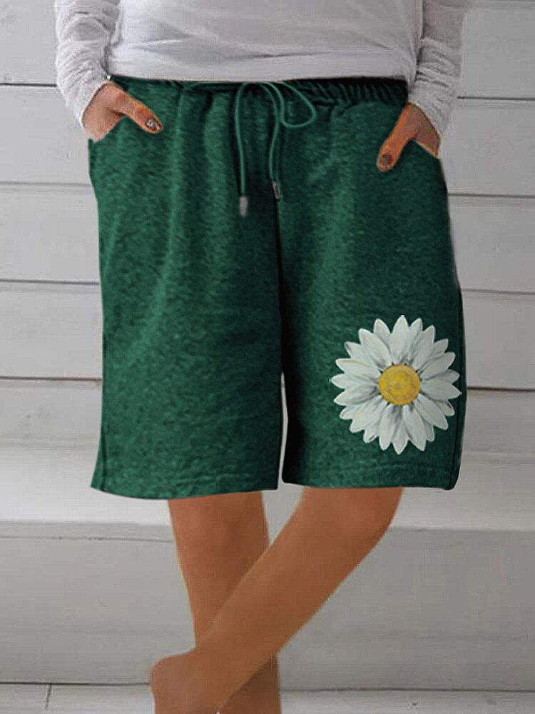 Pantalones Cortos Holgados Con Cordón Y Estampado De Margaritas Para Mujer Con Bolsillo