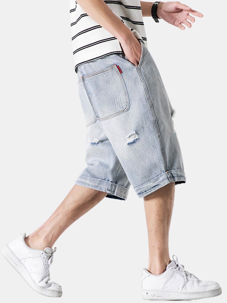 Pantalones Cortos De Mezclilla Con Diseño De Agujero Informal Para Hombre