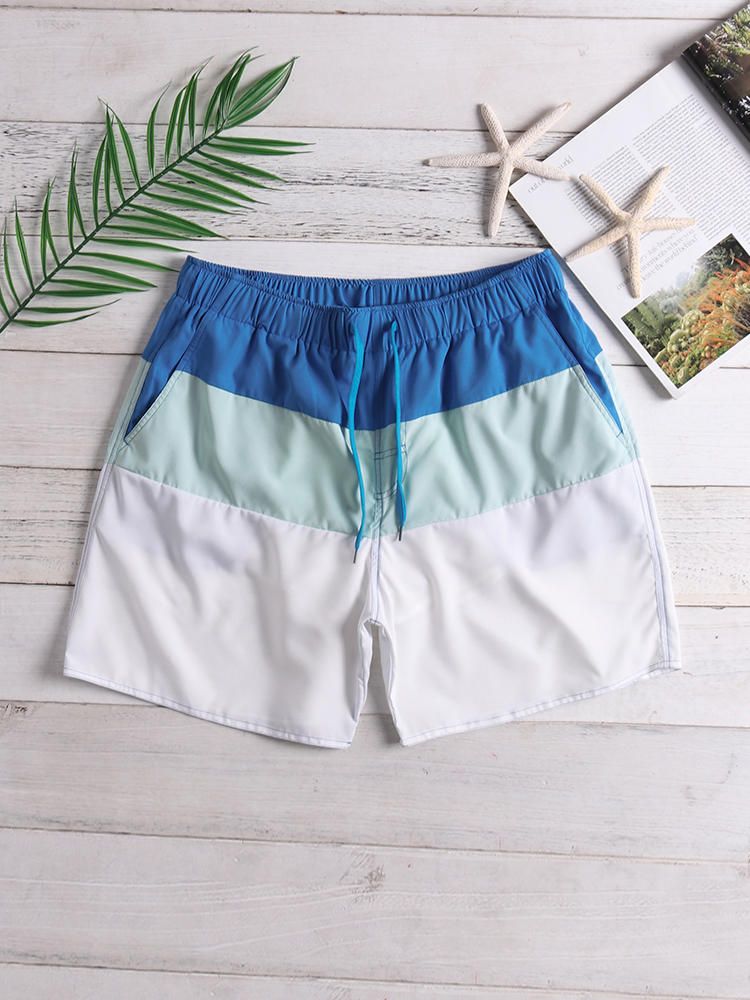 Pantalones Cortos De Playa Blancos Con Bloques De Color Para Hombre Forro De Malla De Secado Rápido Con Cordón Y Bolsillo