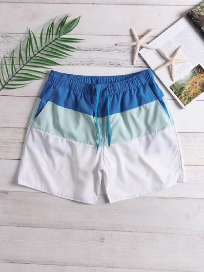 Pantalones Cortos De Playa Blancos Con Bloques De Color Para Hombre Forro De Malla De Secado Rápido Con Cordón Y Bolsillo