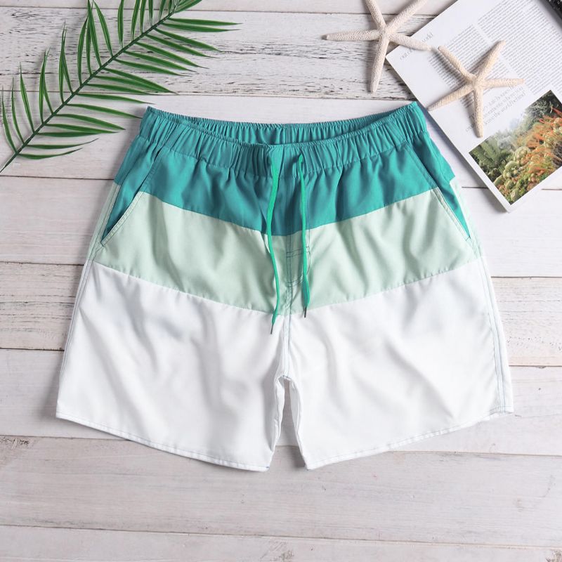 Pantalones Cortos De Playa Blancos Con Bloques De Color Para Hombre Forro De Malla De Secado Rápido Con Cordón Y Bolsillo