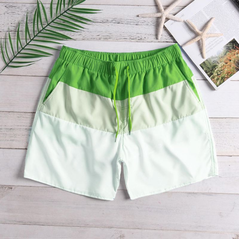 Pantalones Cortos De Playa Blancos Con Bloques De Color Para Hombre Forro De Malla De Secado Rápido Con Cordón Y Bolsillo