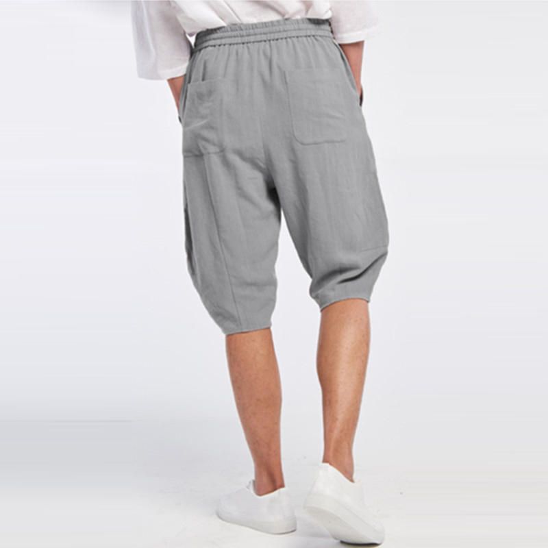 Pantalones Cortos Sueltos De Algodón Transpirable Para Hombre Pantalones Cortos Casuales Con Cordón De Color Sólido Hasta La Rodilla