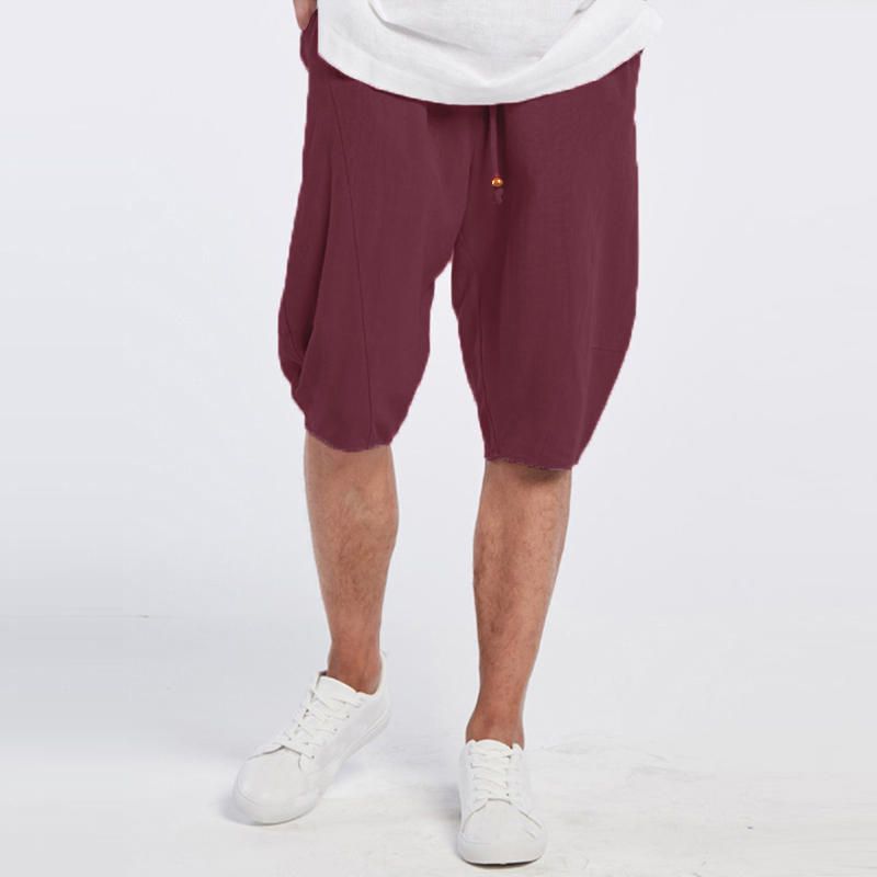 Pantalones Cortos Sueltos De Algodón Transpirable Para Hombre Pantalones Cortos Casuales Con Cordón De Color Sólido Hasta La Rodilla