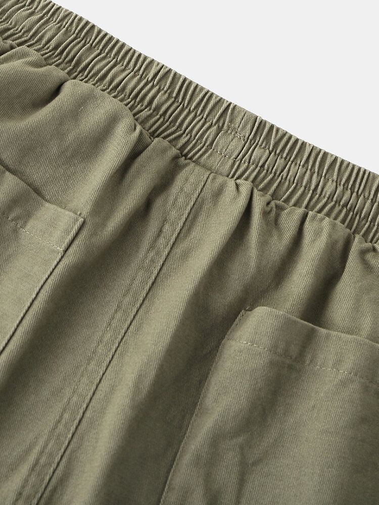 Pantalones Cortos Sueltos Con Cordón De Varios Bolsillos De Algodón Para Hombre De Color Sólido