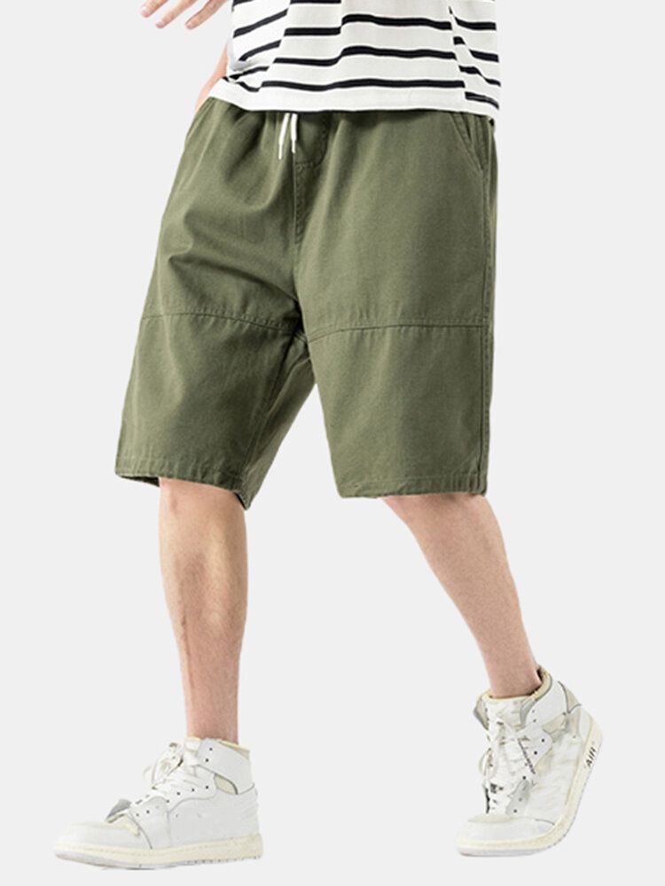 Pantalones Cortos Sueltos Con Cordón De Varios Bolsillos De Color Sólido Para Hombre De Algodón