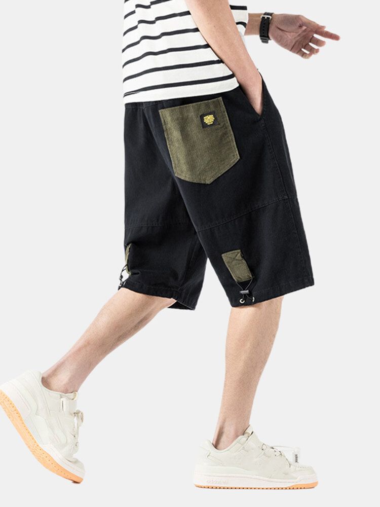 Pantalones Cortos Sueltos Con Cordón De Varios Bolsillos De Color Sólido Para Hombre De Algodón