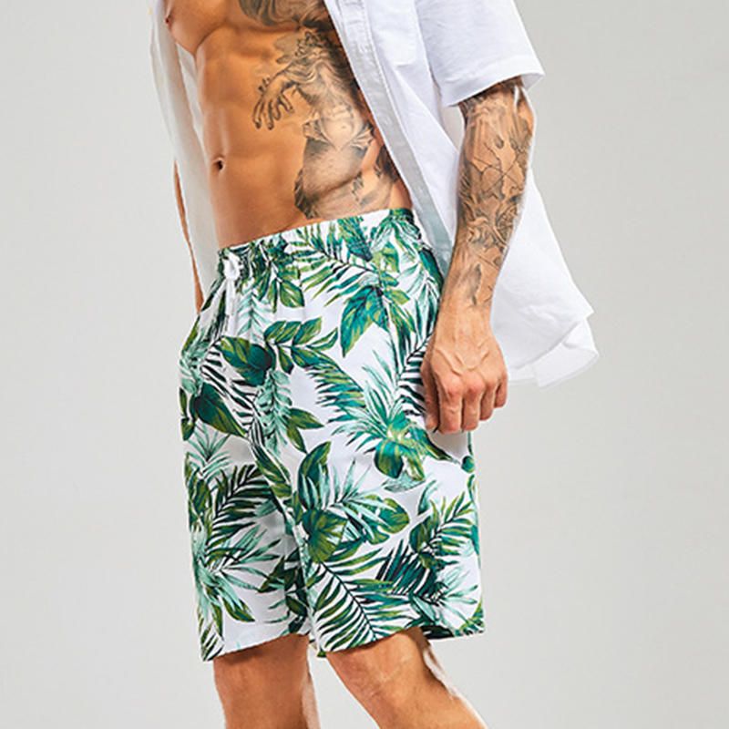 Pantalones Cortos De Tabla De Secado Rápido Con Cintura Elástica De Playa Con Estampado De Verano Para Hombre