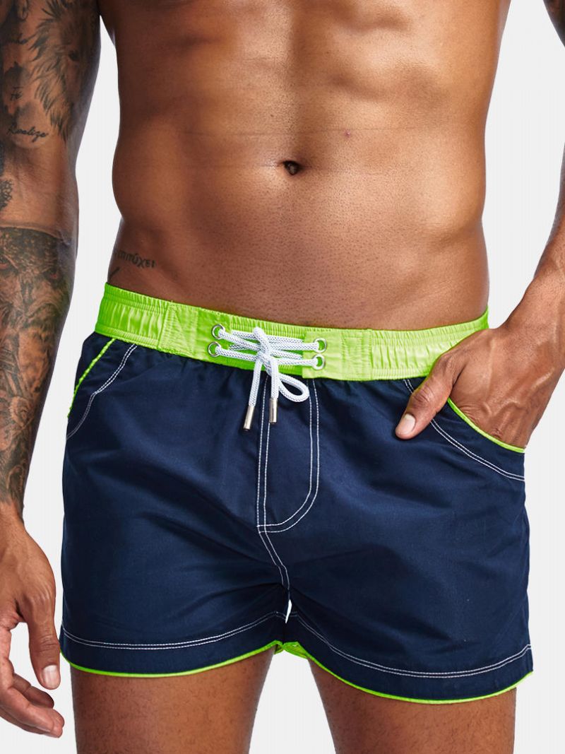 Pantalones Cortos De Tabla De Tejer Con Bloques De Color Para Hombre Pantalones Cortos De Playa Con Cintura Verde Brillante Con Cordón