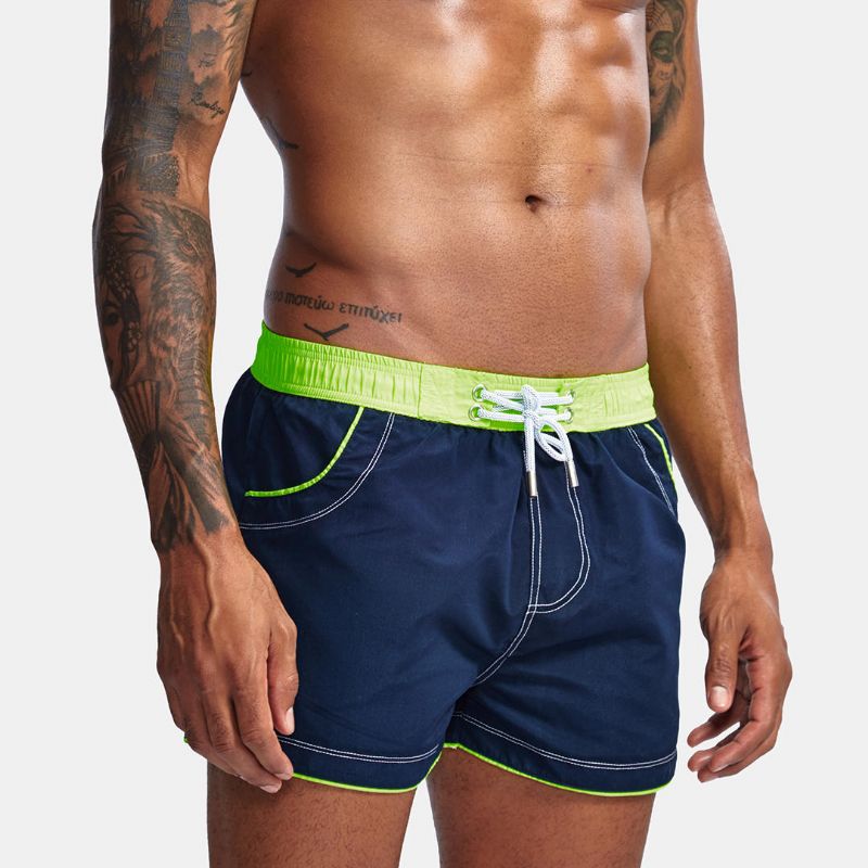 Pantalones Cortos De Tabla De Tejer Con Bloques De Color Para Hombre Pantalones Cortos De Playa Con Cintura Verde Brillante Con Cordón