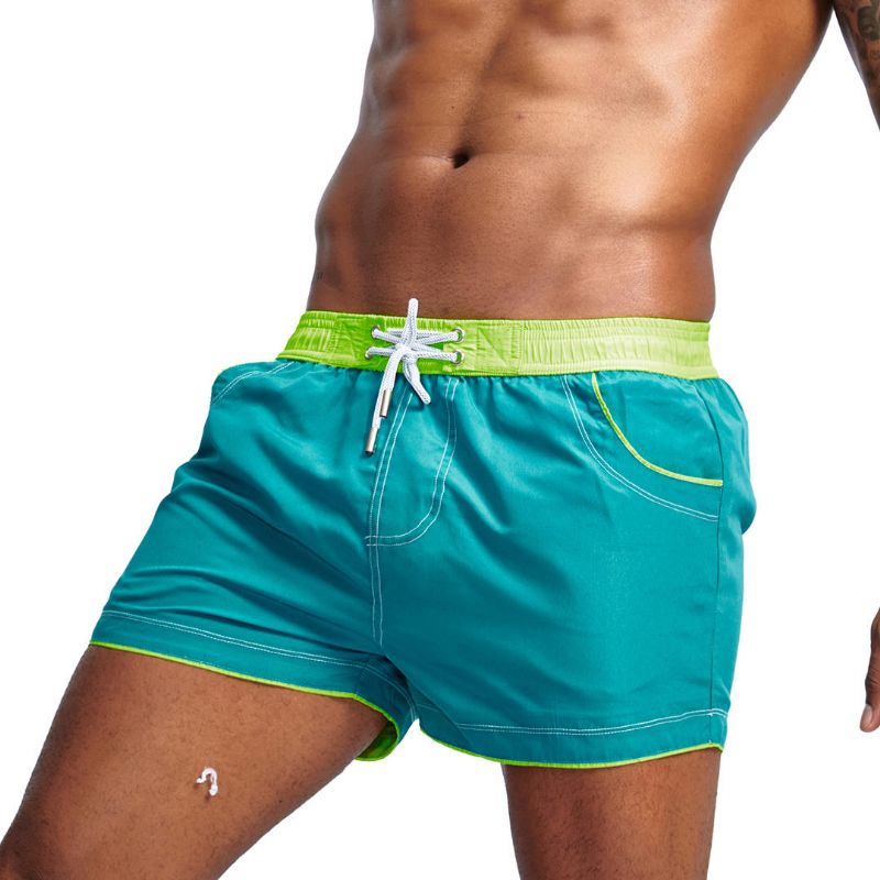 Pantalones Cortos De Tabla De Tejer Con Bloques De Color Para Hombre Pantalones Cortos De Playa Con Cintura Verde Brillante Con Cordón