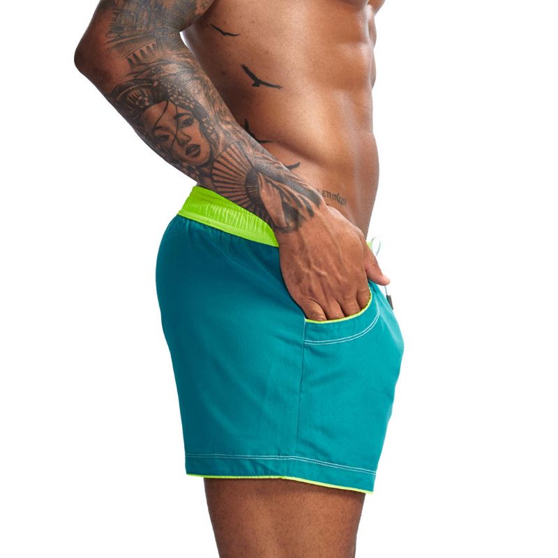 Pantalones Cortos De Tabla De Tejer Con Bloques De Color Para Hombre Pantalones Cortos De Playa Con Cintura Verde Brillante Con Cordón