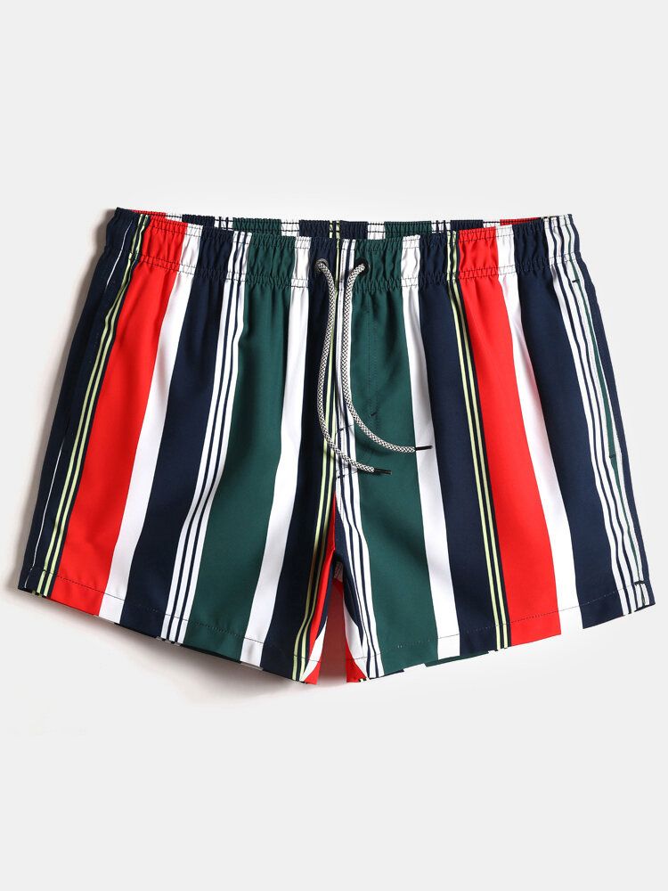 Pantalones Cortos De Tabla De Vacaciones De Secado Rápido Con Bolsillo Con Cordón De Rayas De Colores Para Hombre