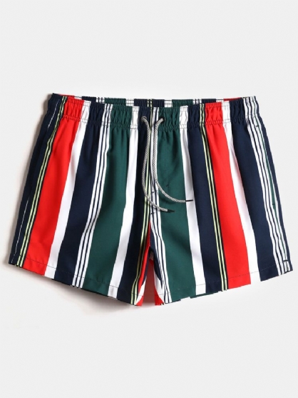 Pantalones Cortos De Tabla De Vacaciones De Secado Rápido Con Bolsillo Con Cordón De Rayas De Colores Para Hombre