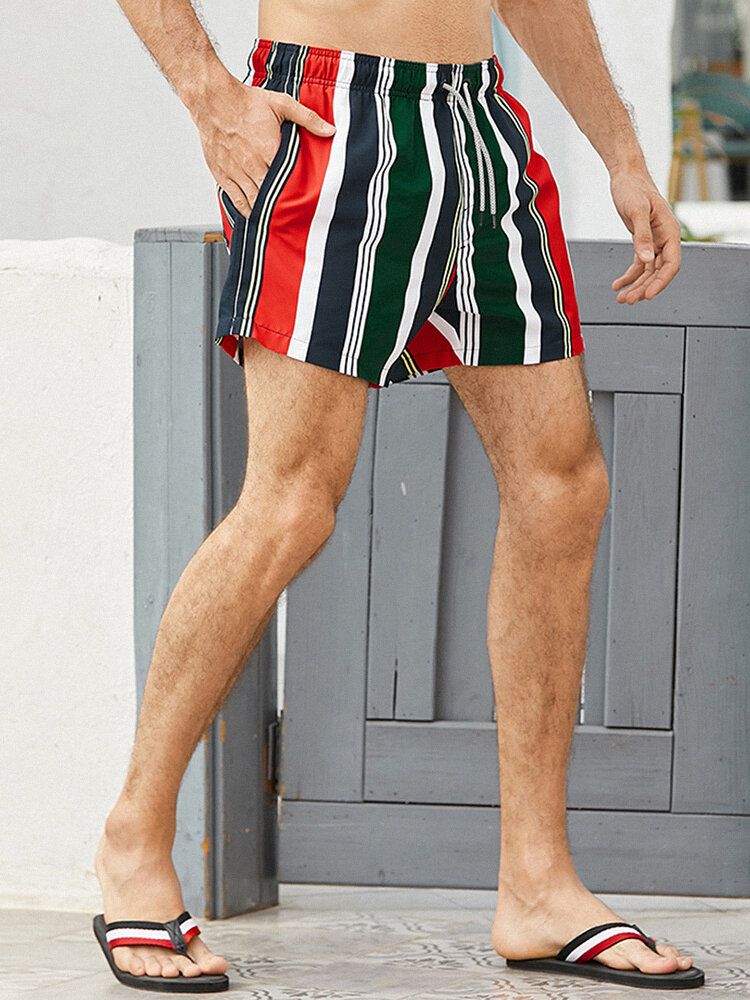 Pantalones Cortos De Tabla De Vacaciones De Secado Rápido Con Bolsillo Con Cordón De Rayas De Colores Para Hombre