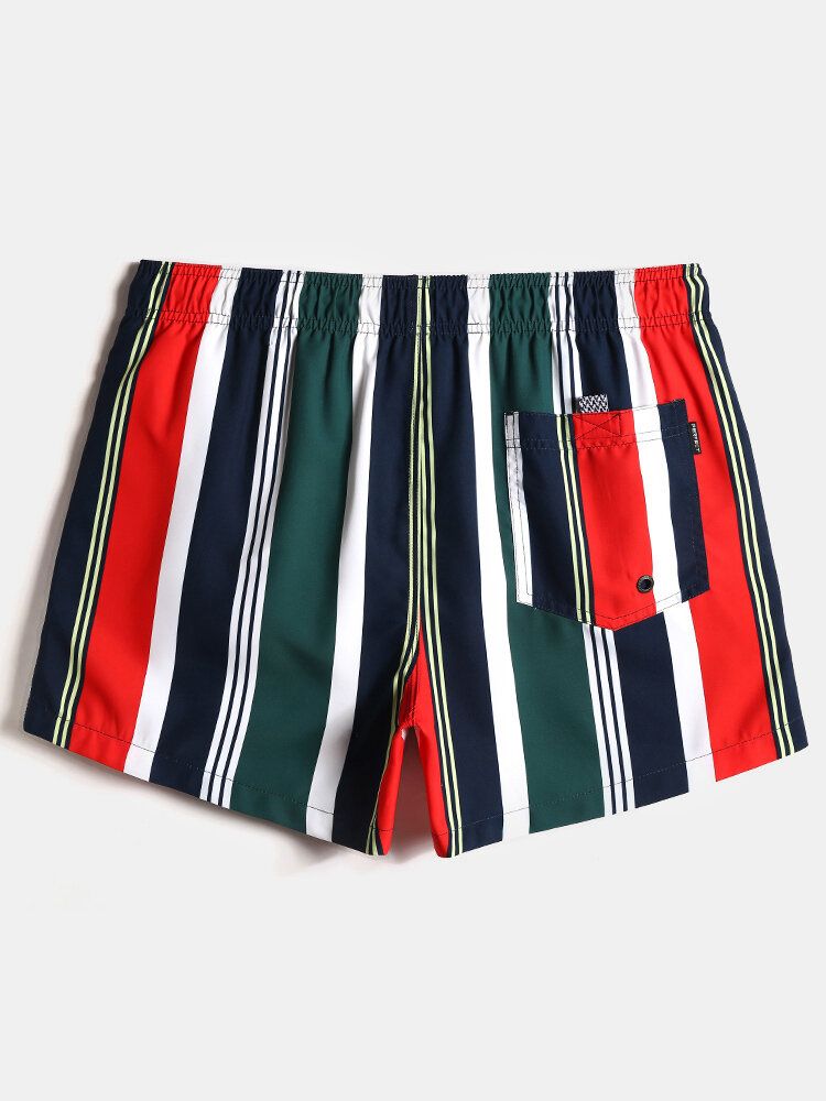 Pantalones Cortos De Tabla De Vacaciones De Secado Rápido Con Bolsillo Con Cordón De Rayas De Colores Para Hombre