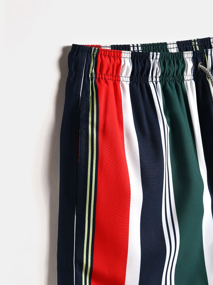 Pantalones Cortos De Tabla De Vacaciones De Secado Rápido Con Bolsillo Con Cordón De Rayas De Colores Para Hombre