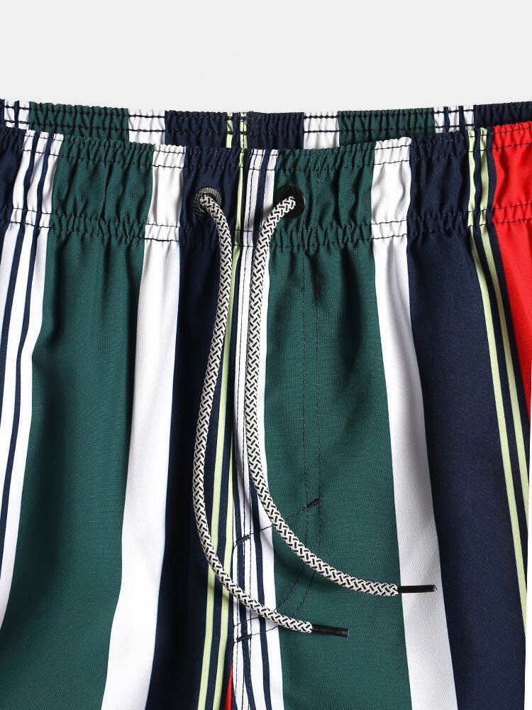 Pantalones Cortos De Tabla De Vacaciones De Secado Rápido Con Bolsillo Con Cordón De Rayas De Colores Para Hombre