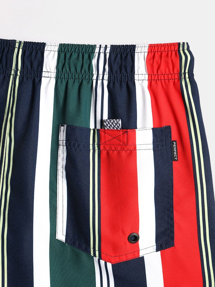 Pantalones Cortos De Tabla De Vacaciones De Secado Rápido Con Bolsillo Con Cordón De Rayas De Colores Para Hombre