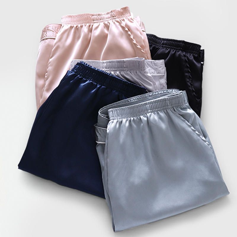 Pantalones Cortos De Vestir Para El Hogar Con Cintura Elástica De Color Sólido De Seda Para Hombre