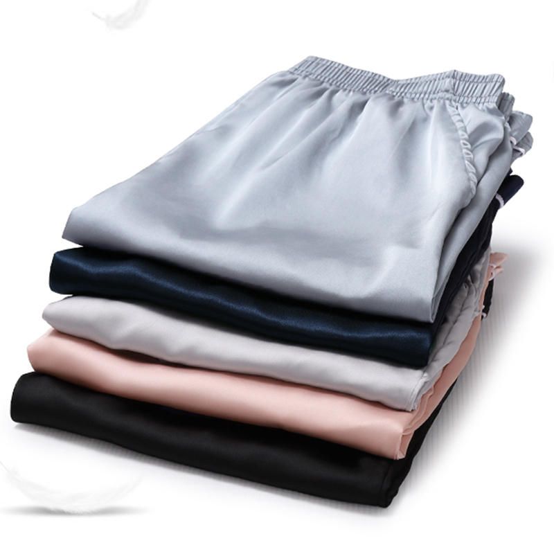 Pantalones Cortos De Vestir Para El Hogar Con Cintura Elástica De Color Sólido De Seda Para Hombre