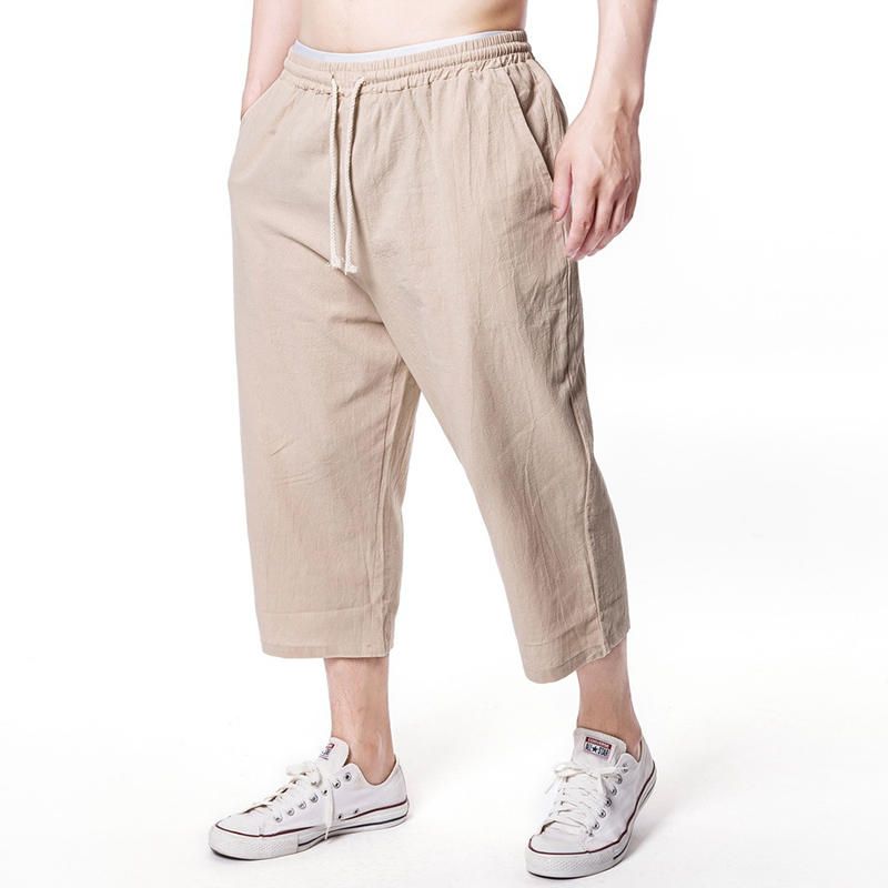 Pantalones Holgados Casuales De Lino Hasta La Pantorrilla De Playa Para Hombre Pantalones Sueltos De Color Sólido