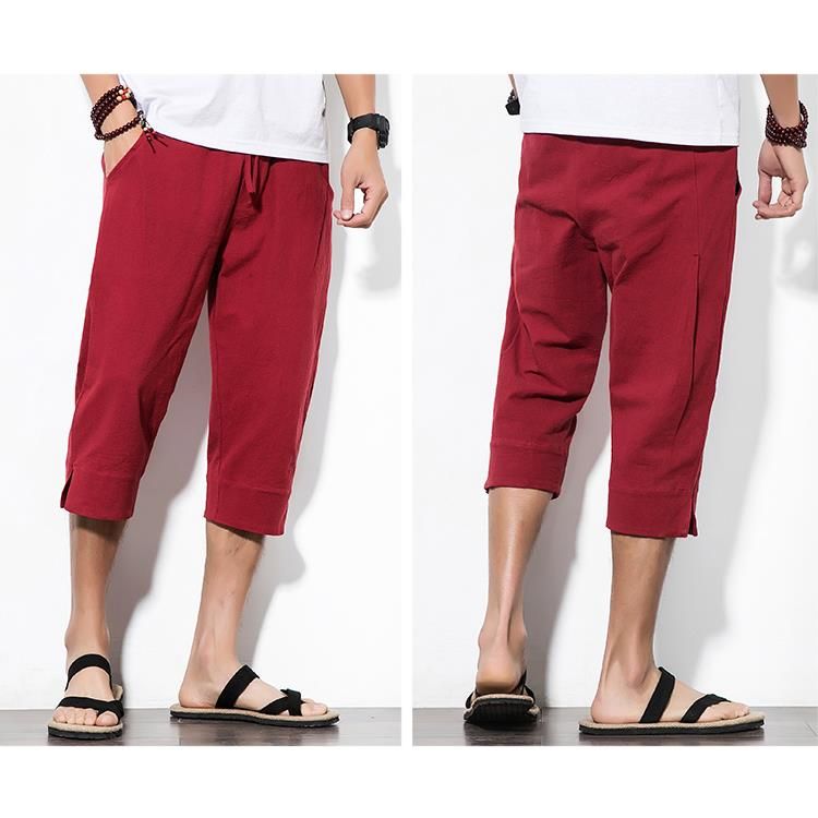 Pantalones Recortados De Lino De Estilo Chino Pantalones Casuales Con Hebilla Bordada De Gran Tamaño Vintage Para Hombre