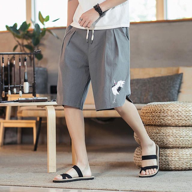 Shorts De Algodón De Lino Con Bordado De Estilo Chino Para Hombres