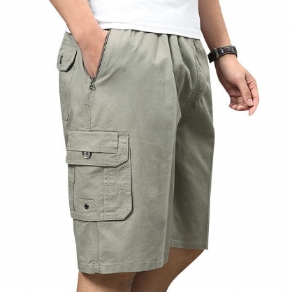 Shorts Cargo Sueltos De Algodón Con Múltiples Bolsillos Hasta La Rodilla Para Hombre