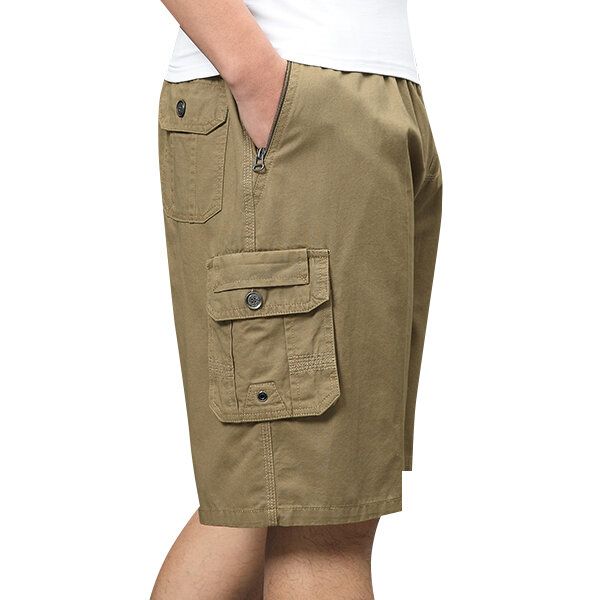 Shorts Cargo Sueltos De Algodón Con Múltiples Bolsillos Hasta La Rodilla Para Hombre