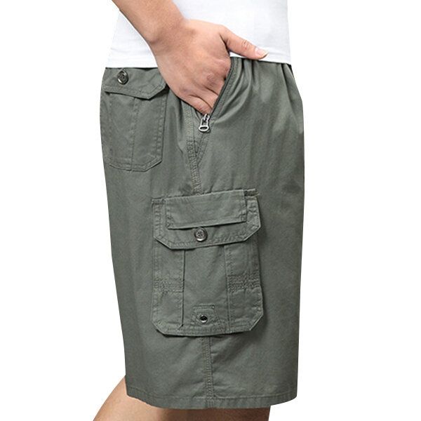 Shorts Cargo Sueltos De Algodón Con Múltiples Bolsillos Hasta La Rodilla Para Hombre