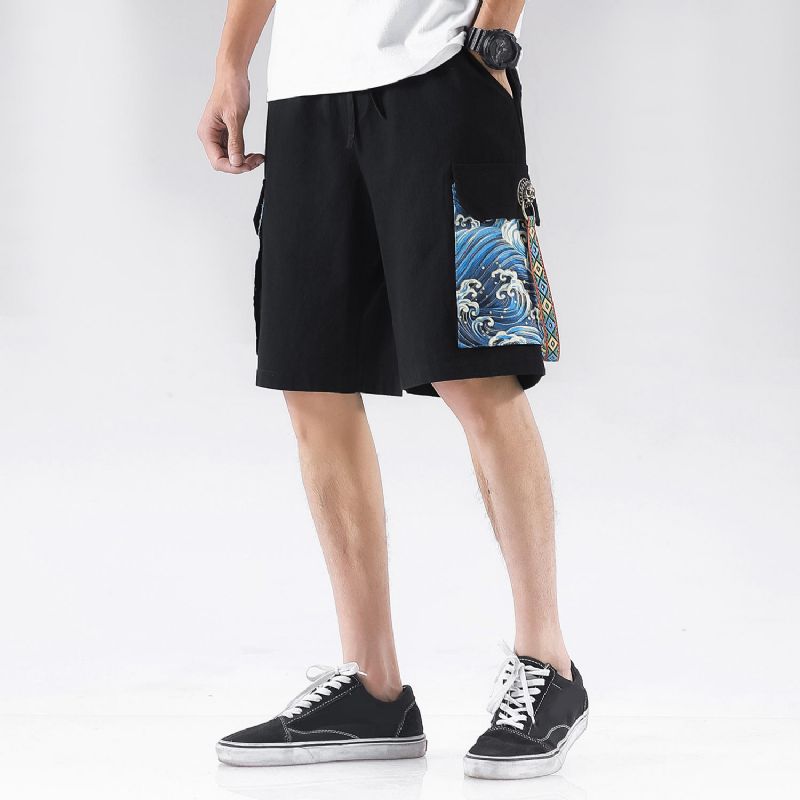 Shorts De Cordón Con Estampado De Olas Oceánicas Informales De Verano Para Hombre