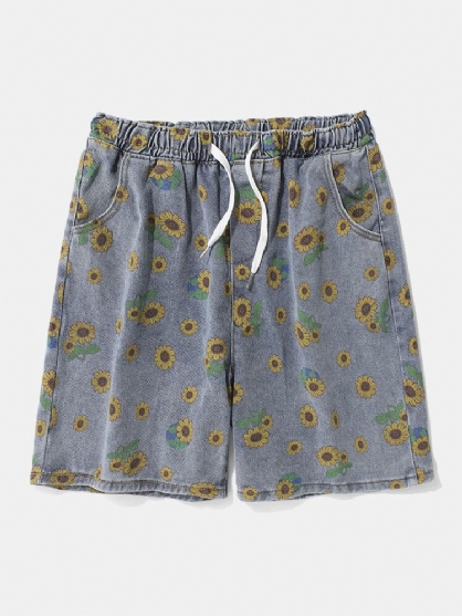 Shorts De Mezclilla Con Cordón Con Estampado De Girasol Casual Para Hombre