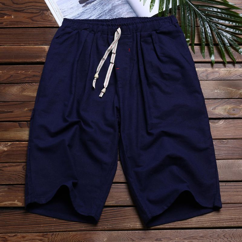 Shorts Sueltos Con Cordón Hasta La Rodilla De Verano Para Hombres De Lino