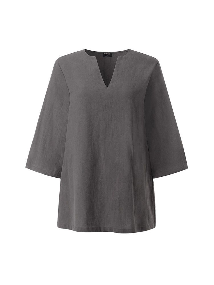 3 4 Blusa Suelta De Algodón De Color Sólido Con Cuello En V Y Manga Para Mujer