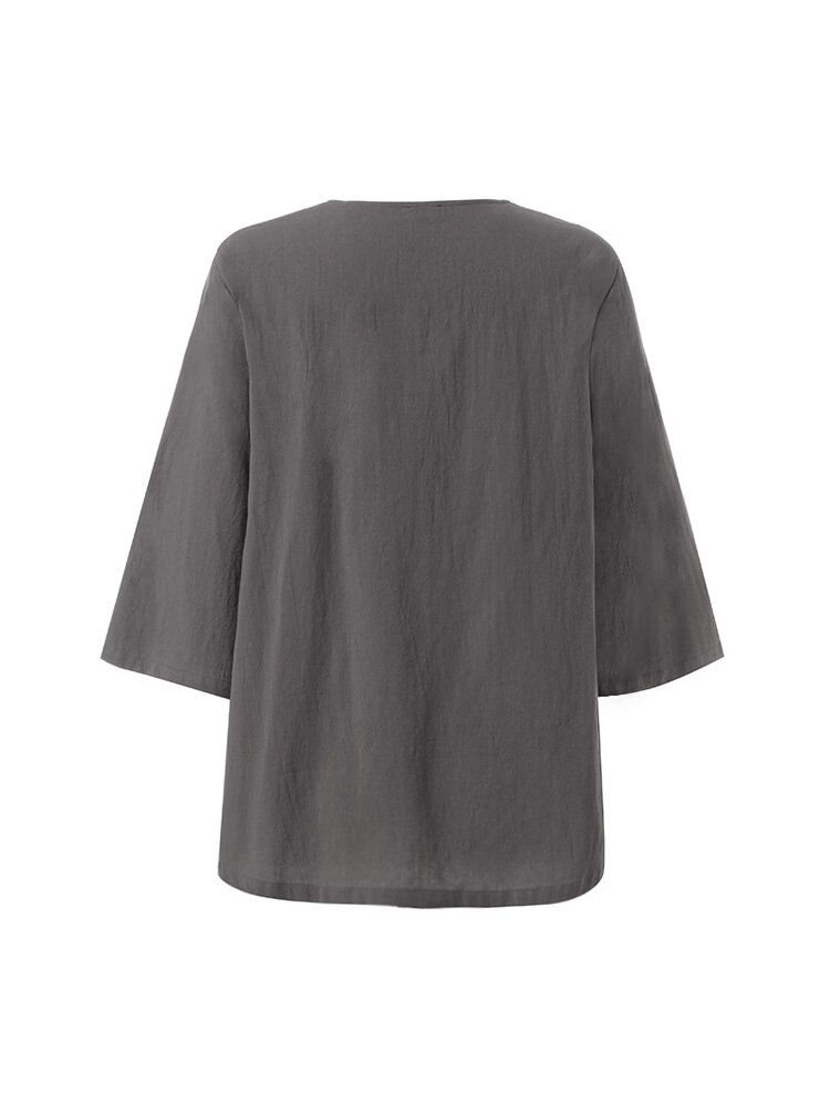 3 4 Blusa Suelta De Algodón De Color Sólido Con Cuello En V Y Manga Para Mujer