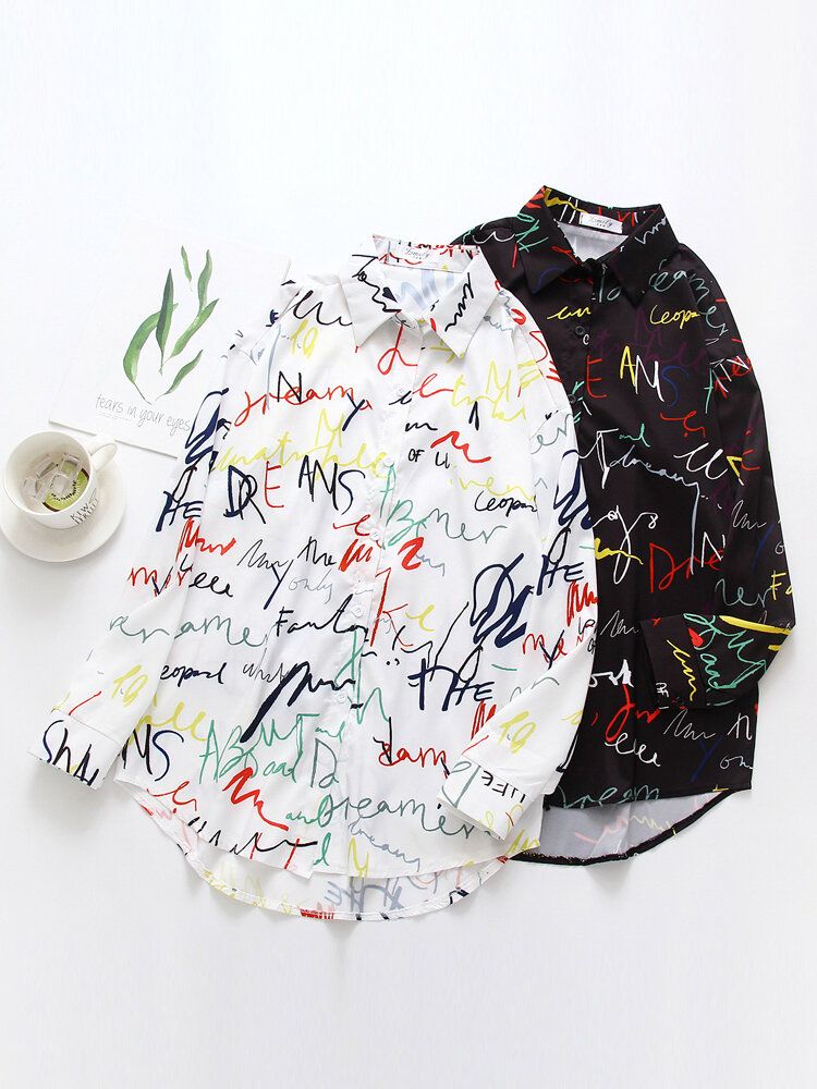 Alphabet Graffiti Print Fashion Camisas Informales Sueltas Diarias